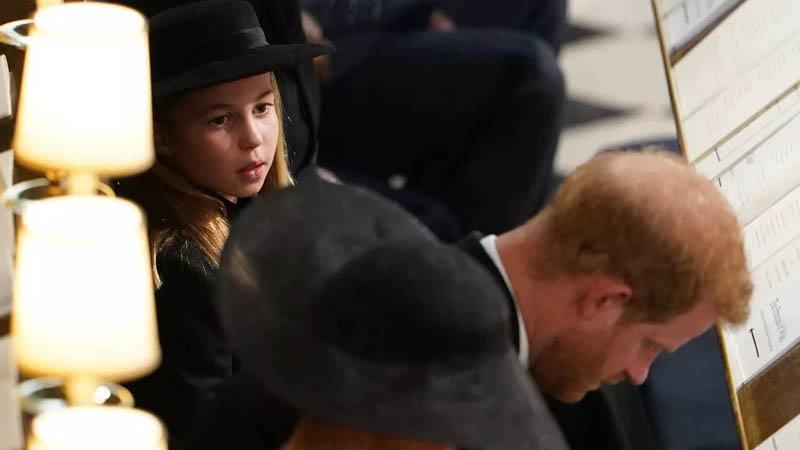 Princess Charlotte looks at her uncle Prince Harry